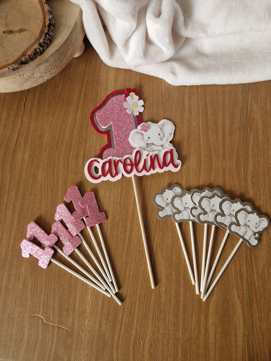 Topper para bolo e 12 Cupcakes Toppers- Tema Elefante