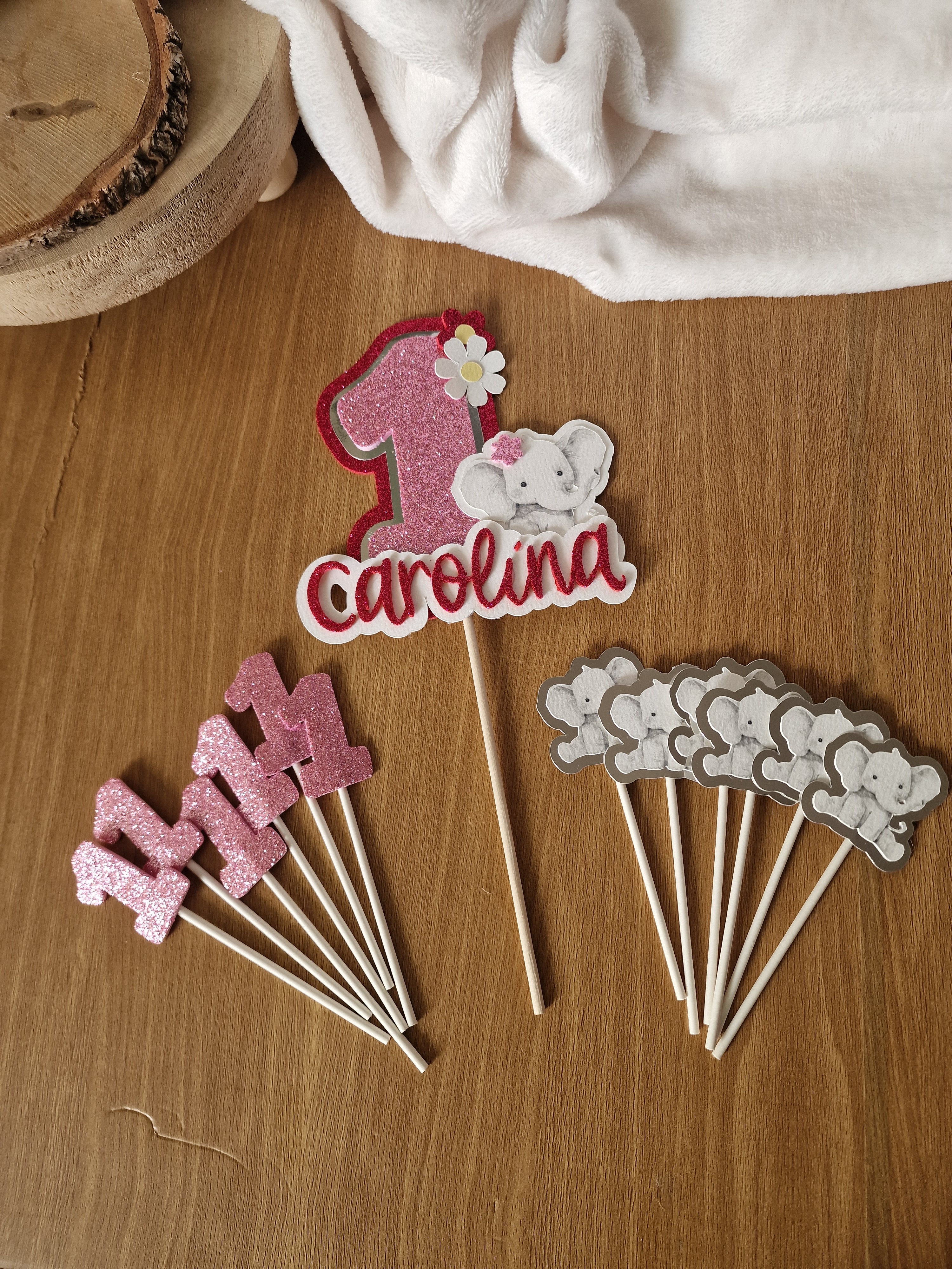 Topper para bolo e 12 Cupcakes Toppers- Tema Elefante